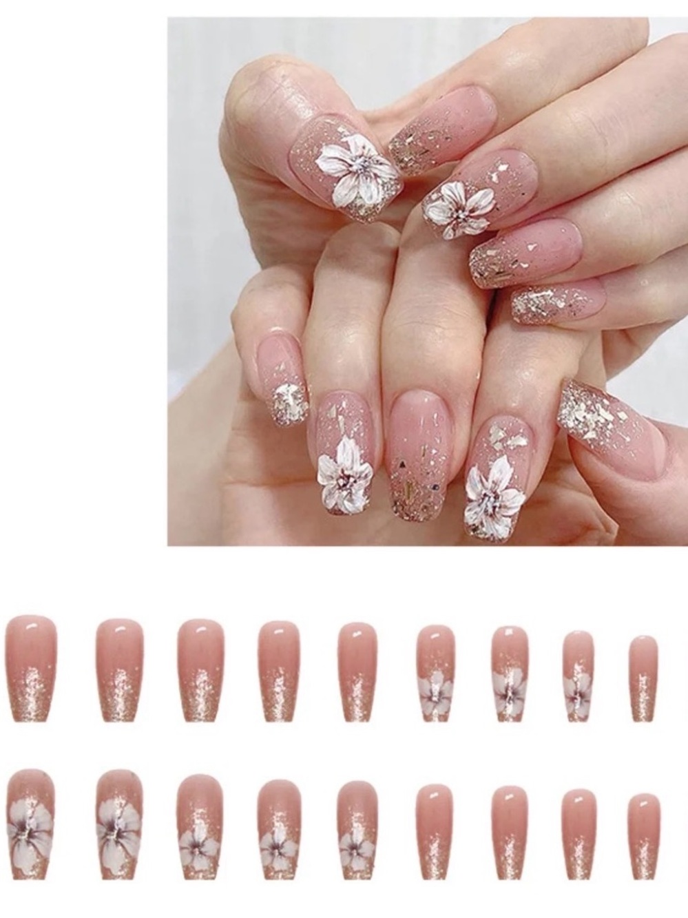 NWT Nude Pink Floral Press-On Nails with Gold Flakes